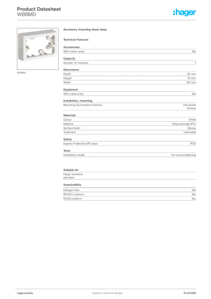 Image Hager Product data sheet WBBMD  | Hager Australia