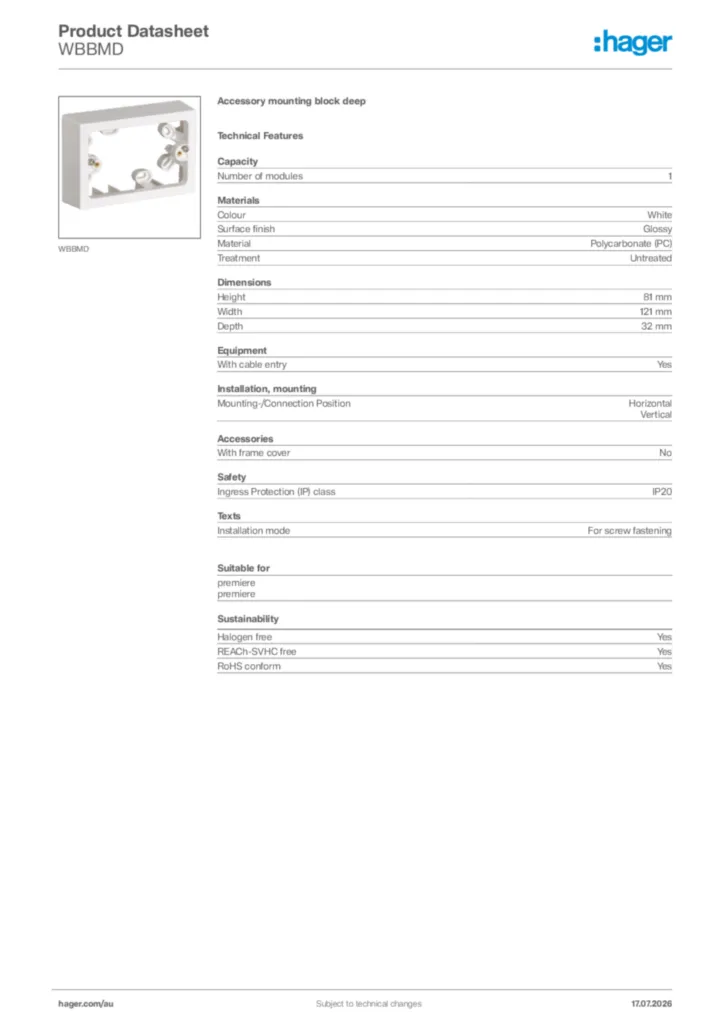 Image Hager Product data sheet WBBMD  | Hager Australia