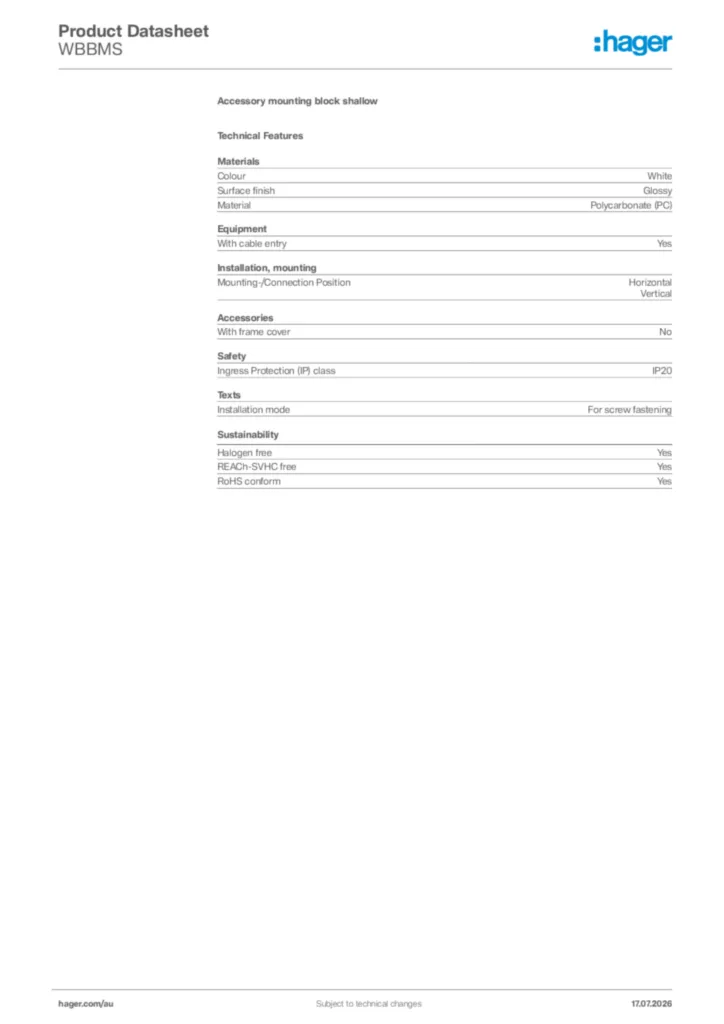 Image Hager Product data sheet WBBMS  | Hager Australia