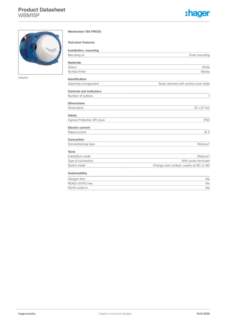 Image Hager Product data sheet WBM15P  | Hager Australia