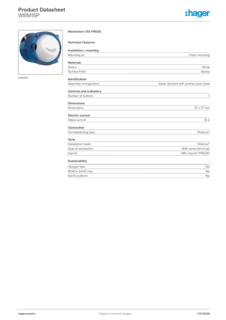 Image Hager Product data sheet WBM15P  | Hager New Zealand