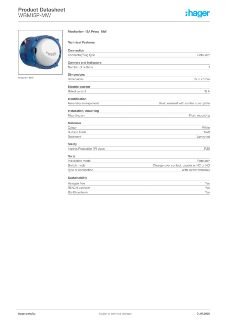 Image Hager Product data sheet WBM15P-MW  | Hager Australia