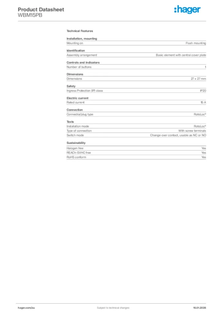 Image Hager Product data sheet WBM15PB  | Hager Australia