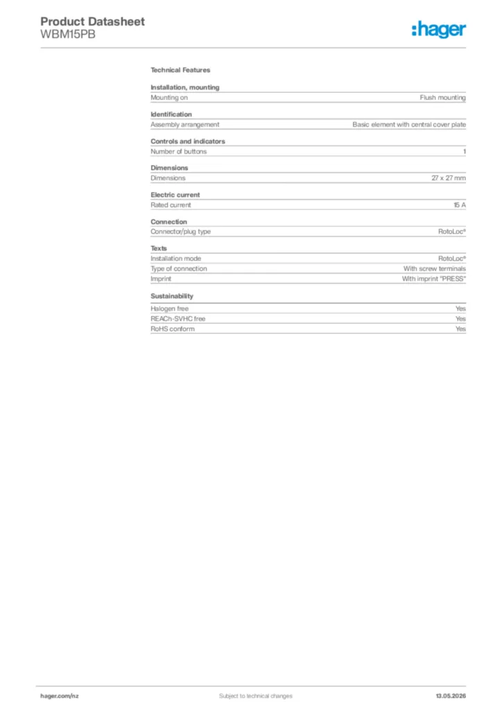 Image Hager Product data sheet WBM15PB  | Hager New Zealand