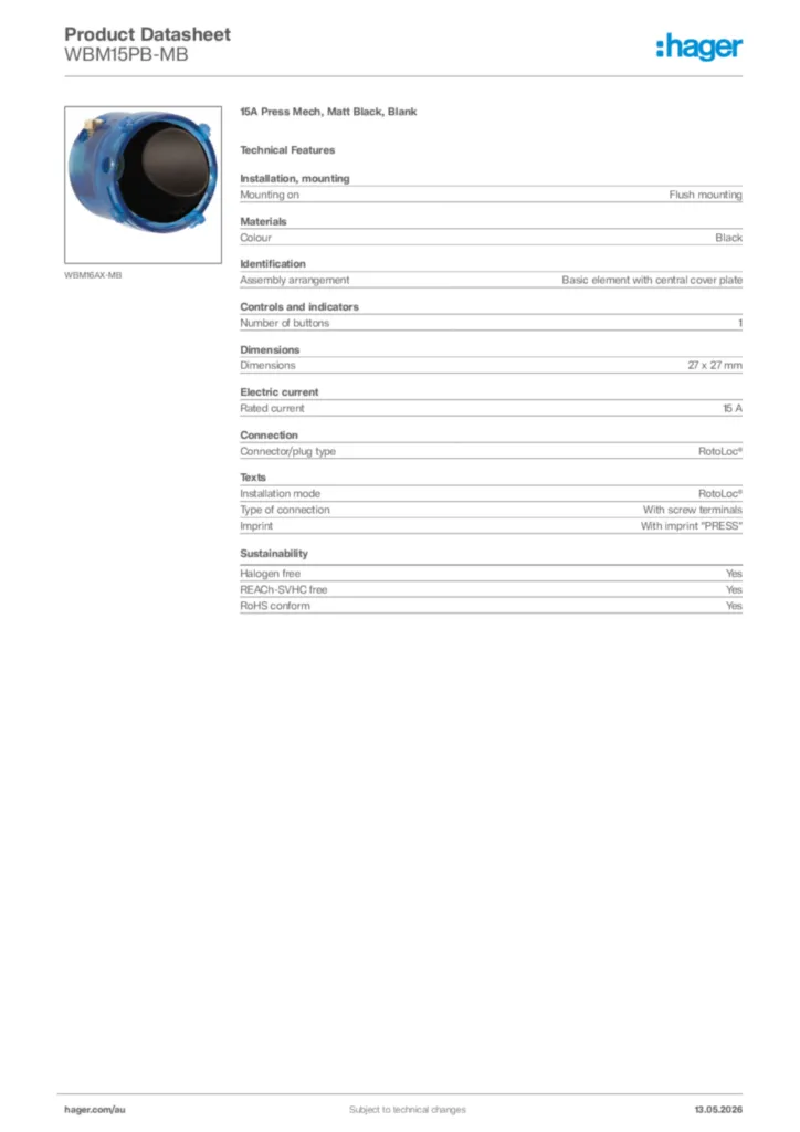 Image Hager Product data sheet WBM15PB-MB  | Hager Australia