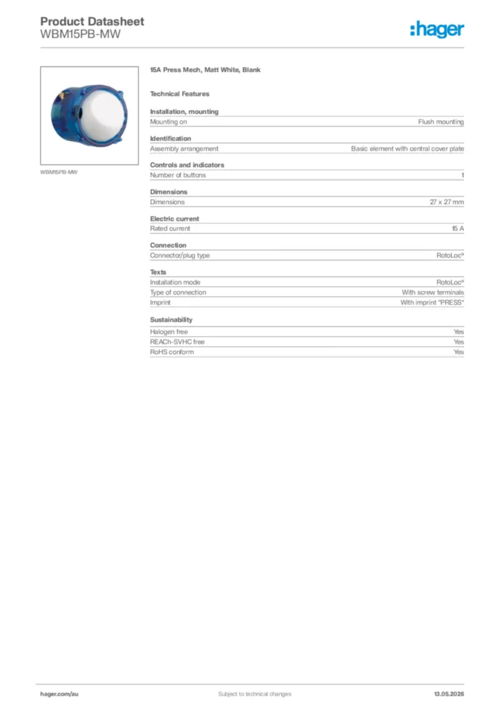 Image Hager Product data sheet WBM15PB-MW  | Hager Australia