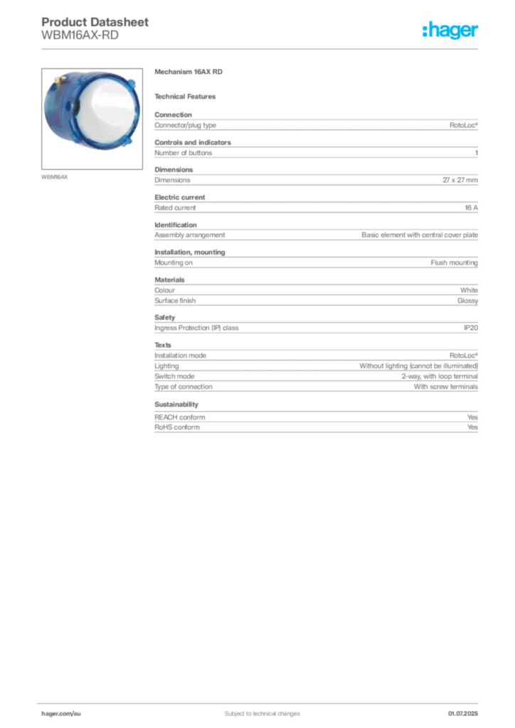 Image Hager Product data sheet WBM16AX-RD  | Hager Australia