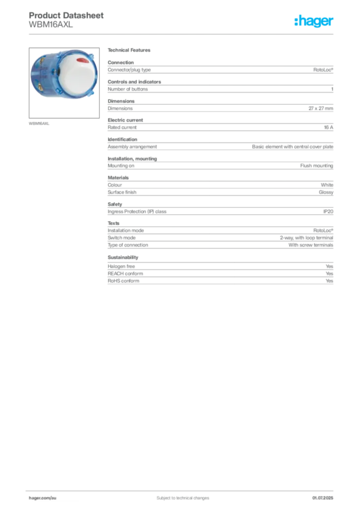 Image Hager Product data sheet WBM16AXL  | Hager Australia