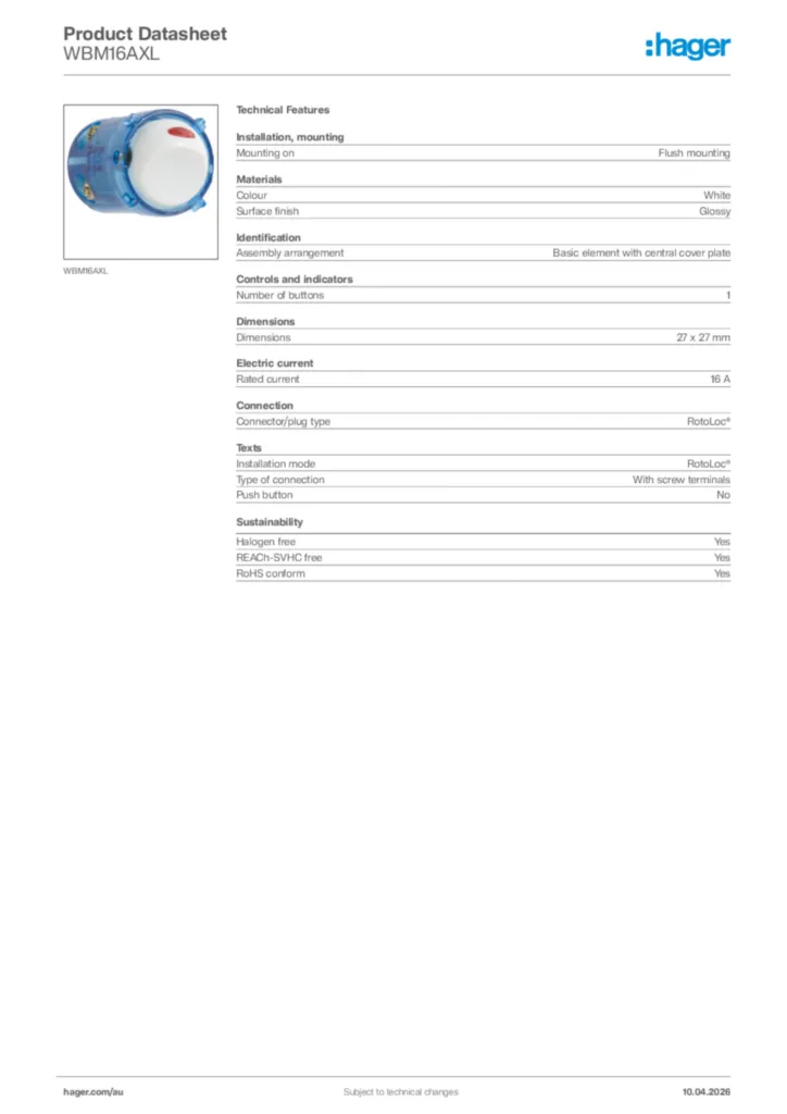 Image Hager Product data sheet WBM16AXL  | Hager Australia