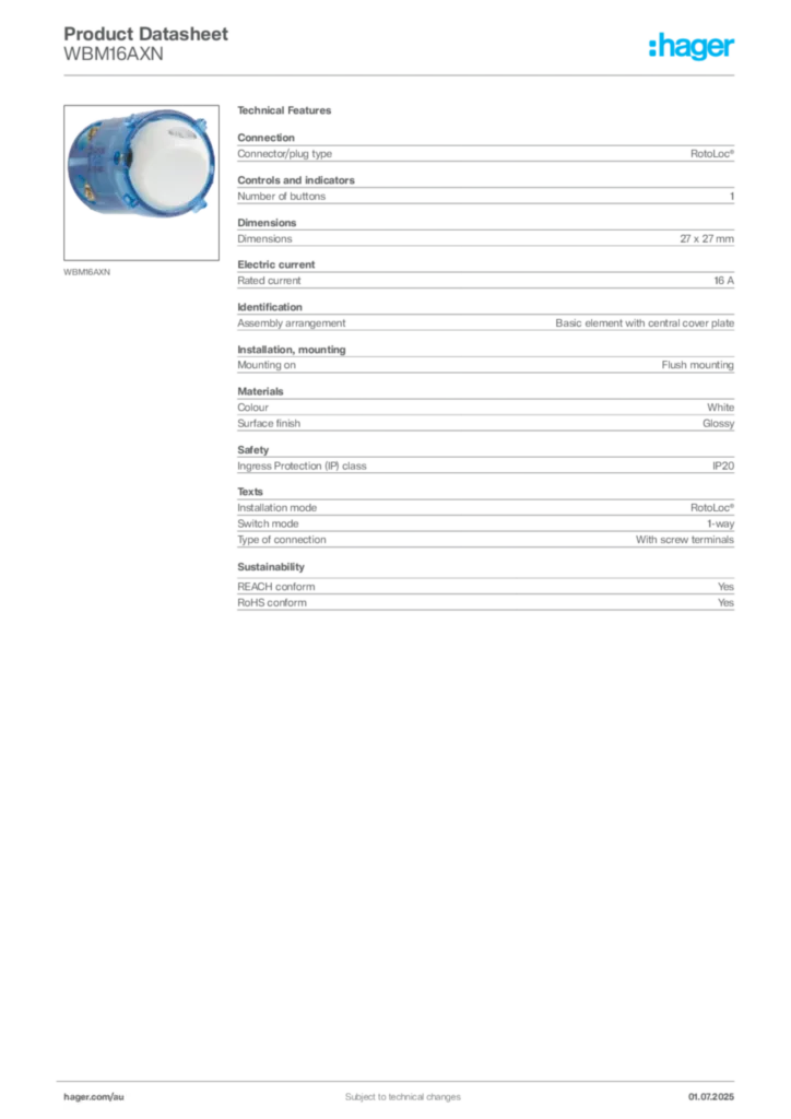Image Hager Product data sheet WBM16AXN  | Hager Australia