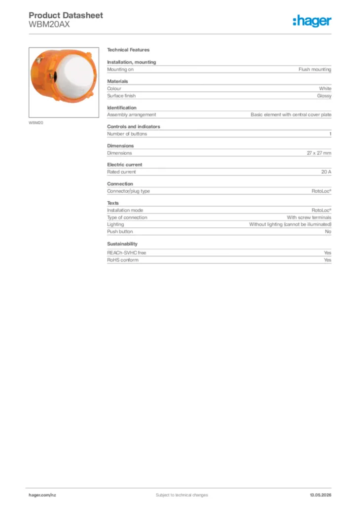 Image Hager Product data sheet WBM20AX  | Hager New Zealand