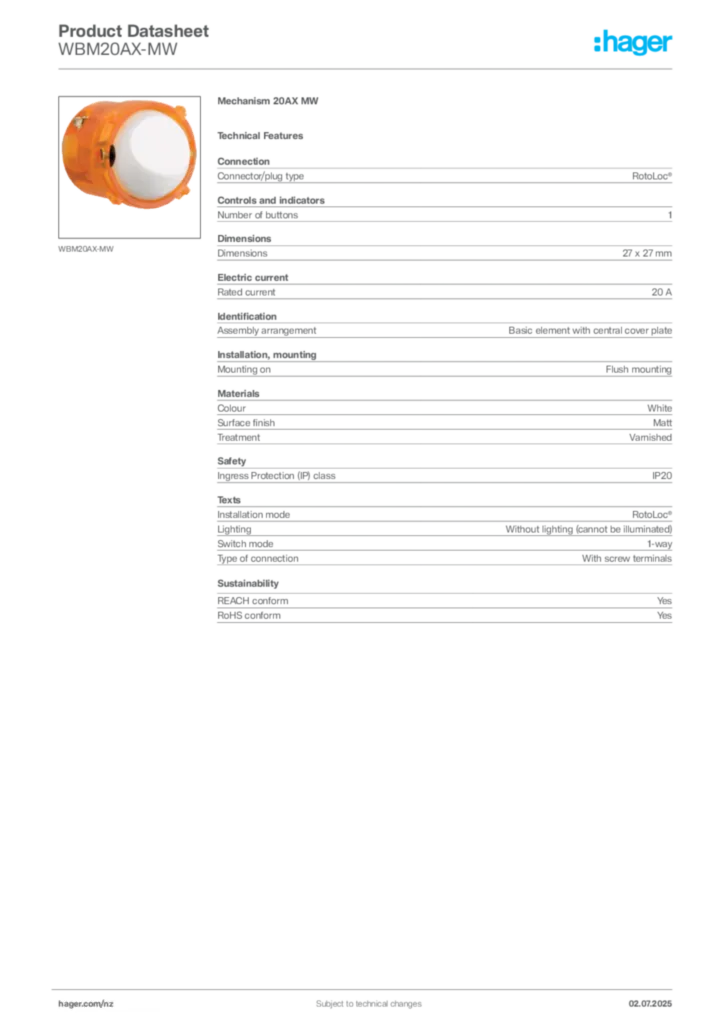 Image Hager Product data sheet WBM20AX-MW  | Hager New Zealand