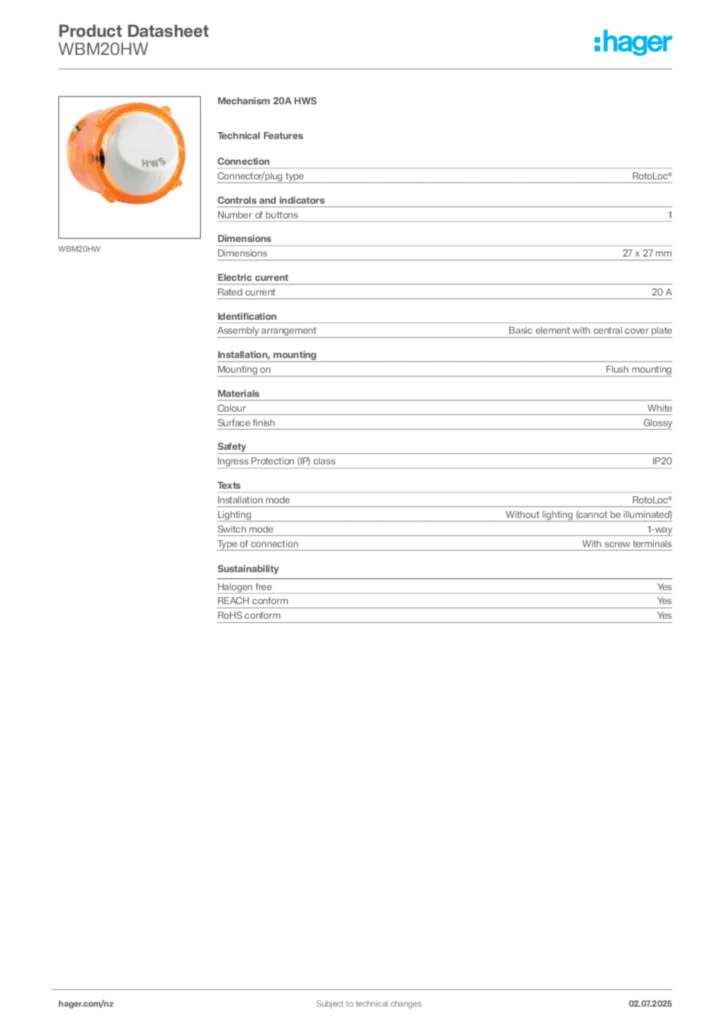 Image Hager Product data sheet WBM20HW  | Hager New Zealand