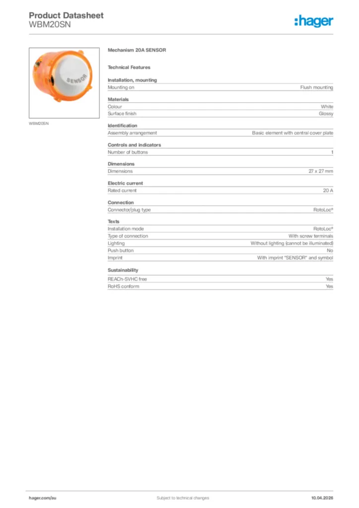 Image Hager Product data sheet WBM20SN  | Hager Australia