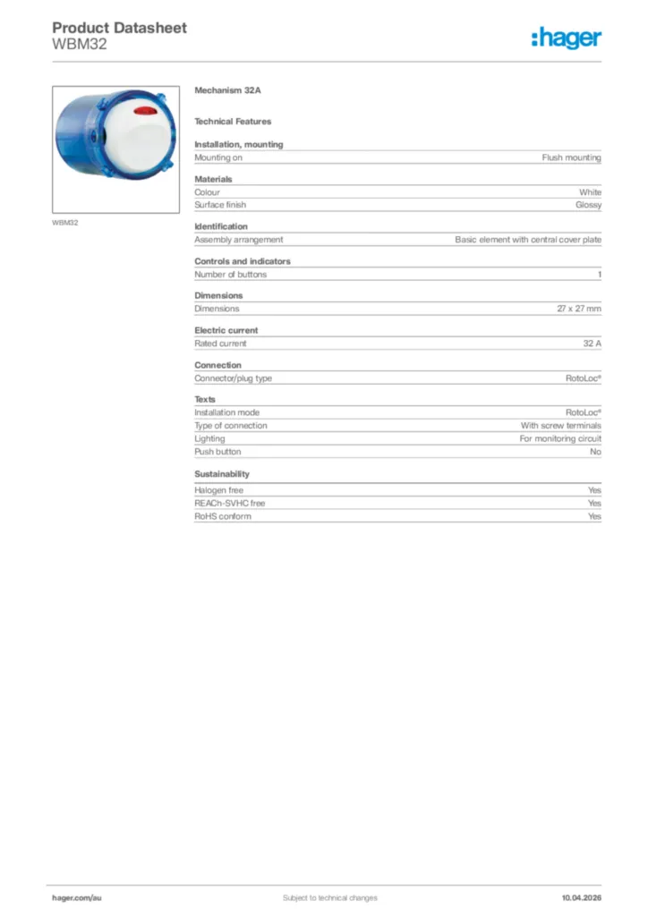 Image Hager Product data sheet WBM32  | Hager Australia