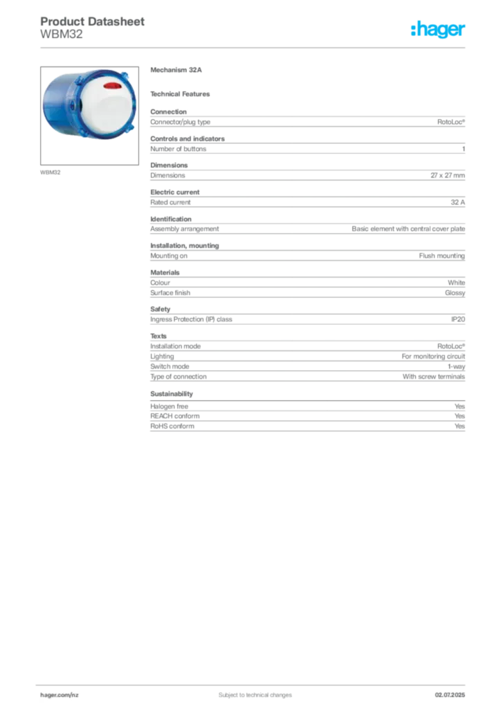 Image Hager Product data sheet WBM32  | Hager New Zealand