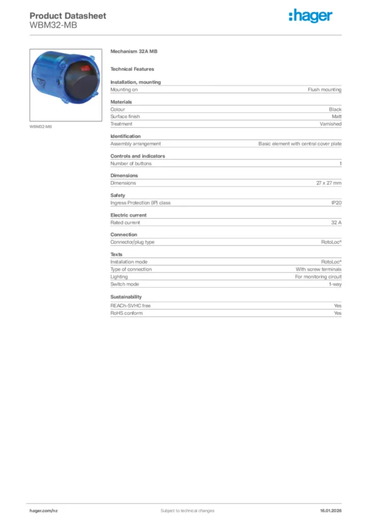 Image Hager Product data sheet WBM32-MB  | Hager New Zealand
