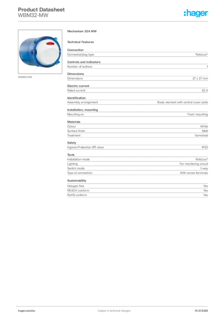 Image Hager Product data sheet WBM32-MW  | Hager Australia