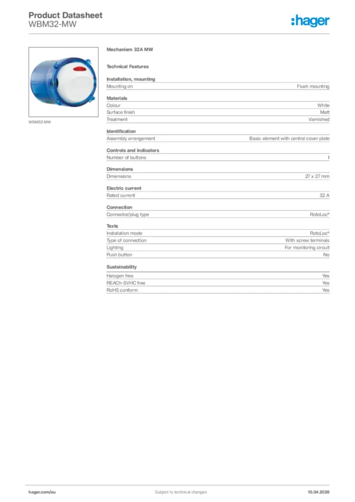 Image Hager Product data sheet WBM32-MW  | Hager Australia