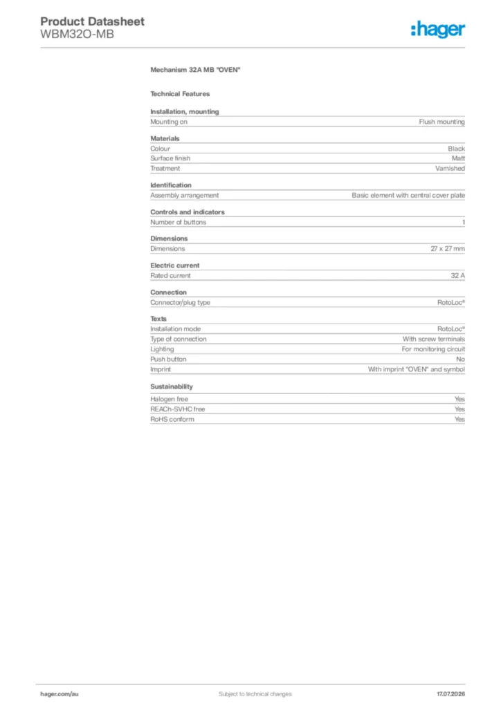 Image Hager Product data sheet WBM32O-MB  | Hager Australia