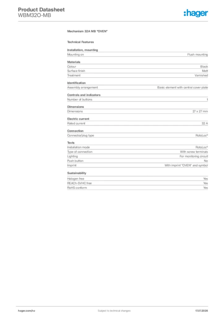 Image Hager Product data sheet WBM32O-MB  | Hager New Zealand