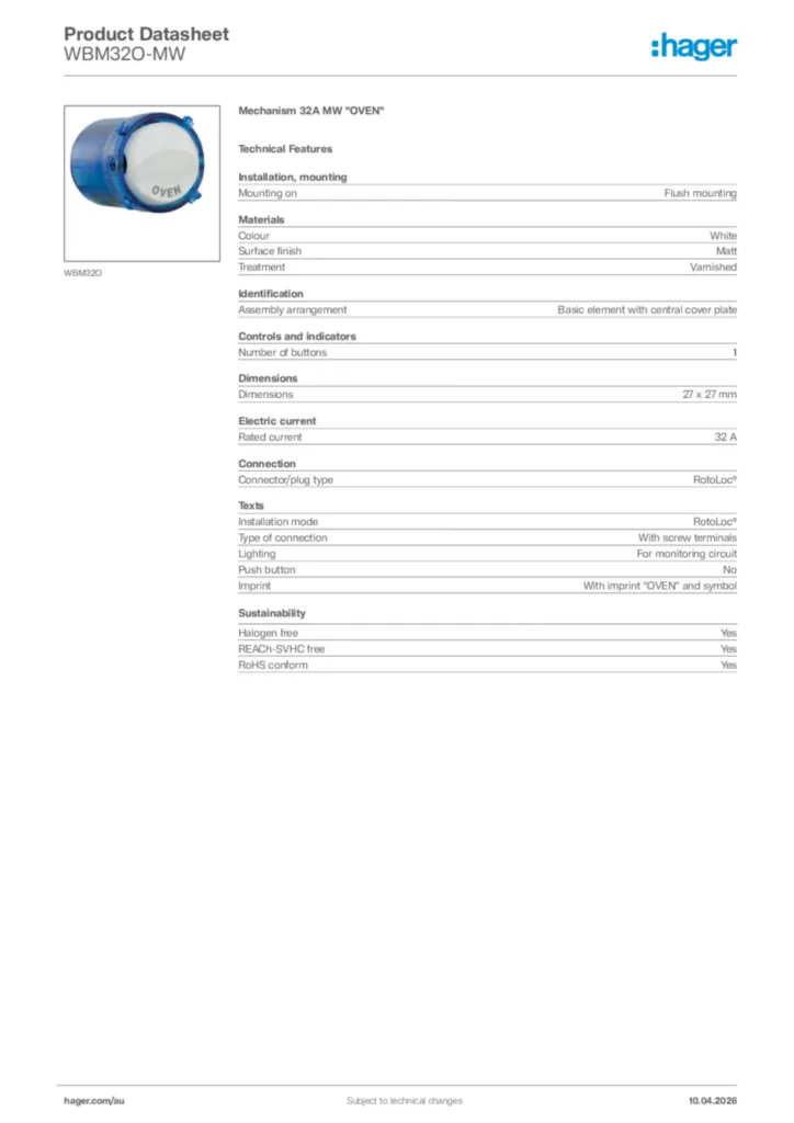 Image Hager Product data sheet WBM32O-MW  | Hager Australia