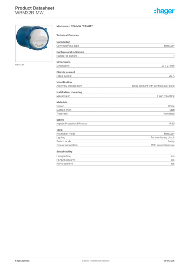 Image Hager Product data sheet WBM32R-MW  | Hager Australia