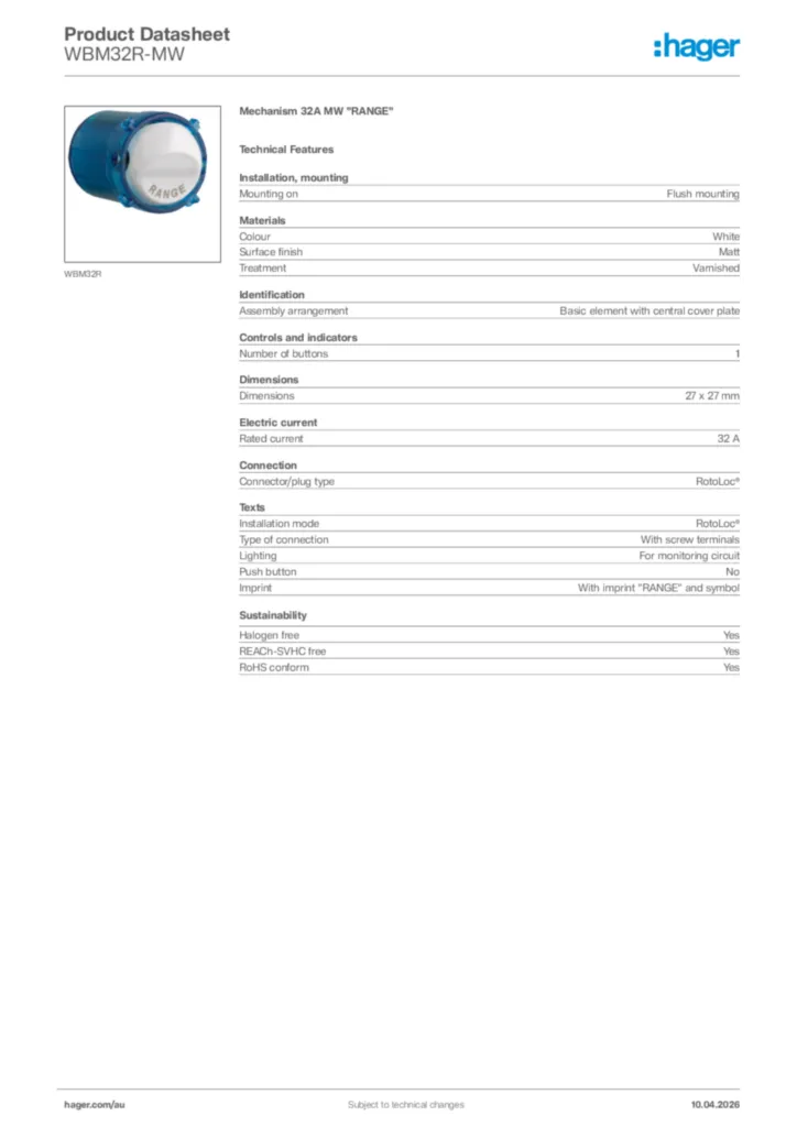 Image Hager Product data sheet WBM32R-MW  | Hager Australia