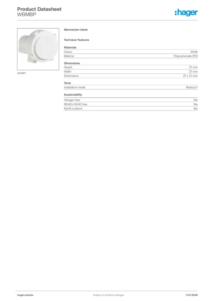 Image Hager Product data sheet WBMBP  | Hager Australia