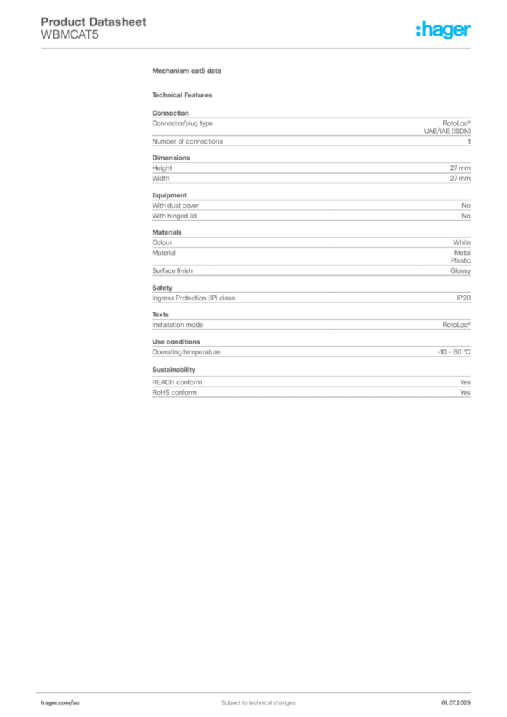 Image Hager Product data sheet WBMCAT5  | Hager Australia