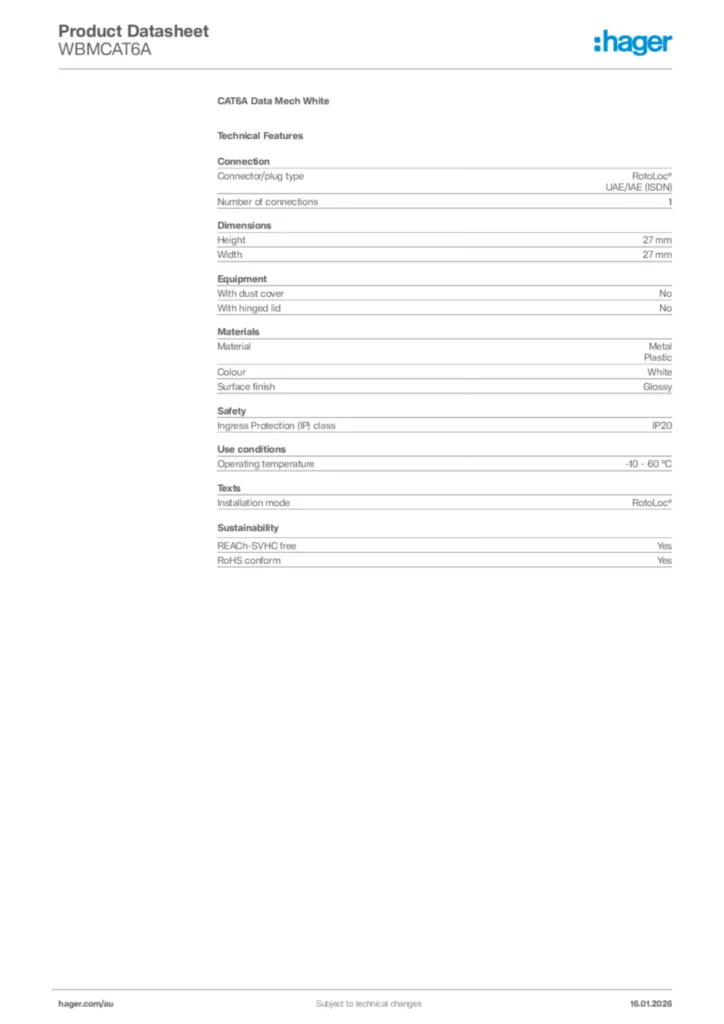Image Hager Product data sheet WBMCAT6A  | Hager Australia