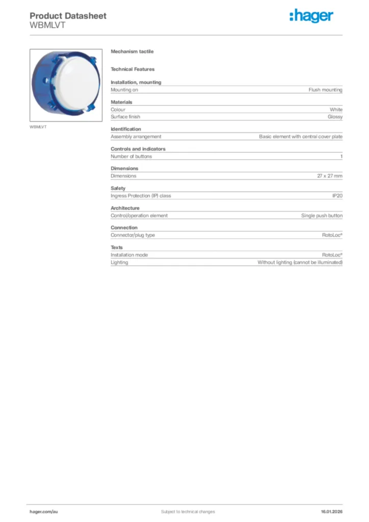 Image Hager Product data sheet WBMLVT  | Hager Australia