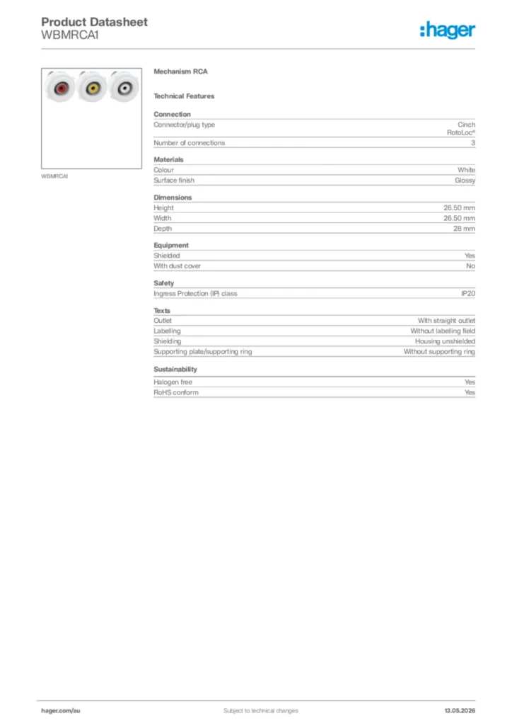 Image Hager Product data sheet WBMRCA1  | Hager Australia