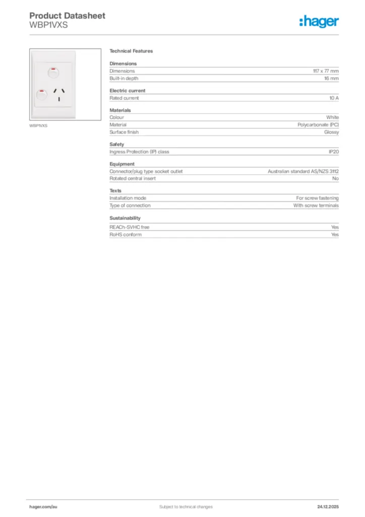 Image Hager Product data sheet WBP1VXS  | Hager Australia