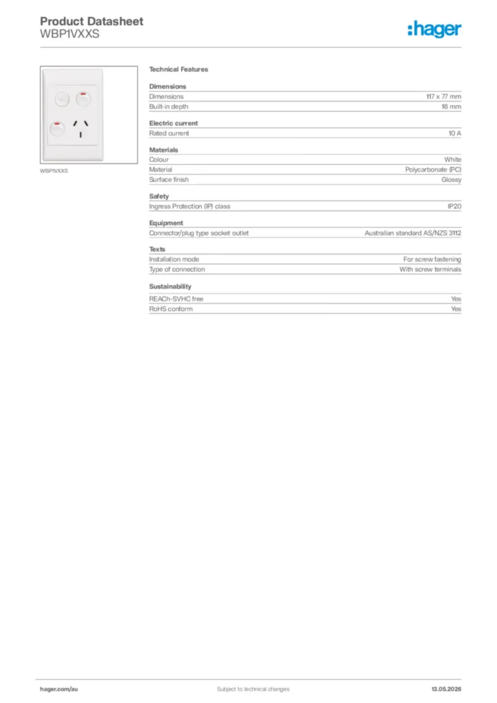 Image Hager Product data sheet WBP1VXXS  | Hager Australia