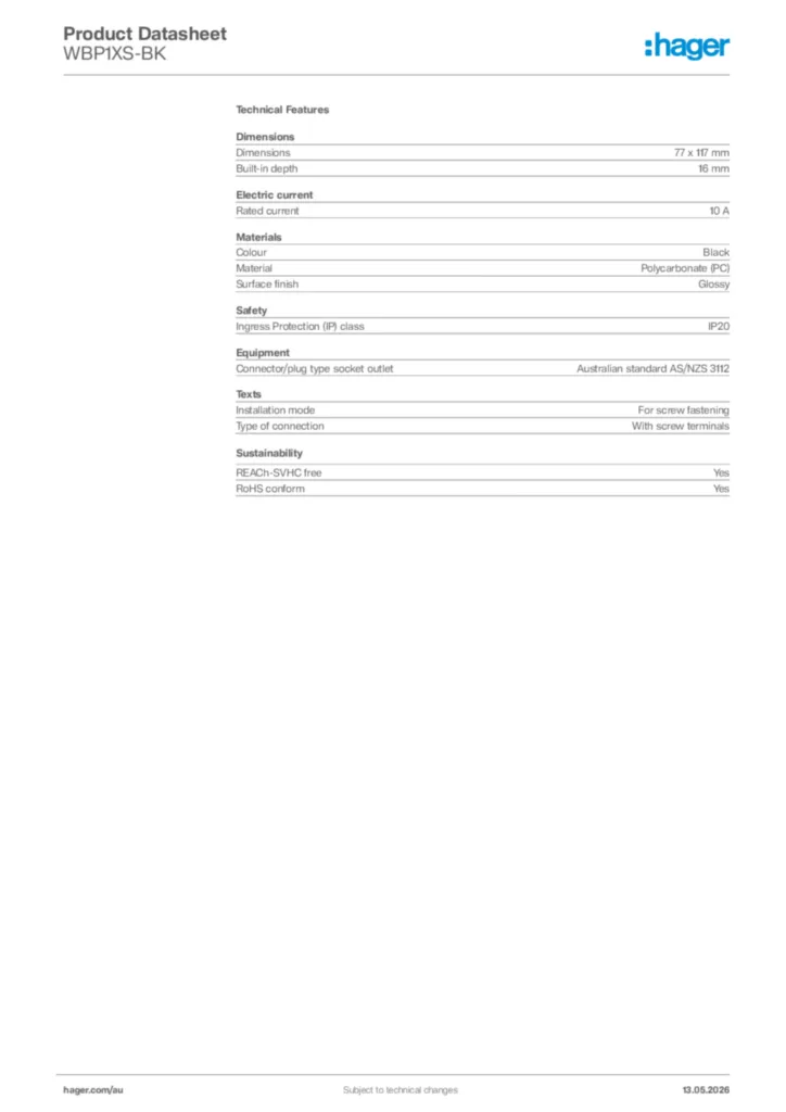 Image Hager Product data sheet WBP1XS-BK  | Hager Australia