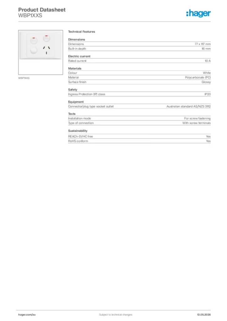 Image Hager Product data sheet WBP1XXS  | Hager Australia