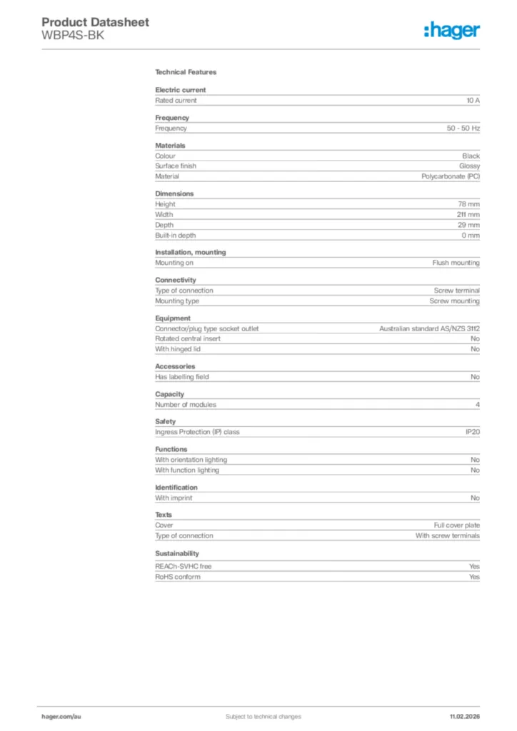 Image Hager Product data sheet WBP4S-BK  | Hager Australia