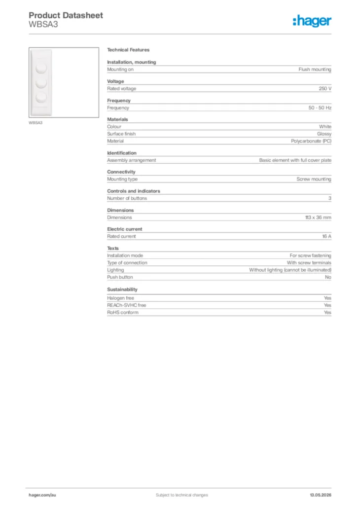 Image Hager Product data sheet WBSA3  | Hager Australia