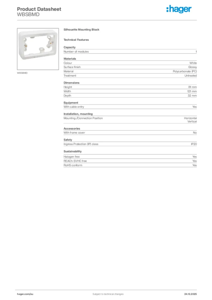 Image Hager Product data sheet WBSBMD  | Hager Australia