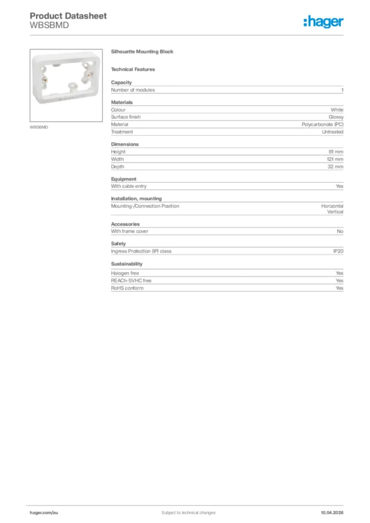 Image Hager Product data sheet WBSBMD  | Hager Australia