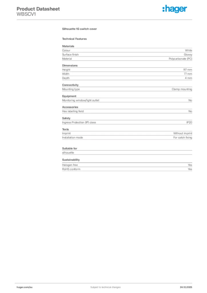 Image Hager Product data sheet WBSCV1  | Hager Australia