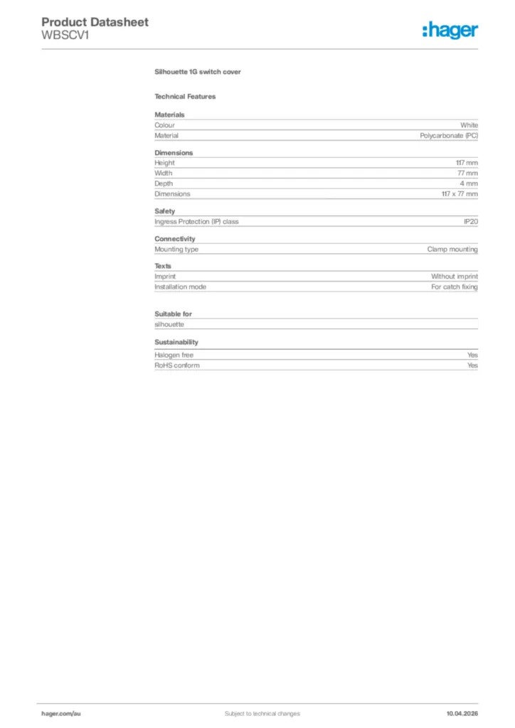 Image Hager Product data sheet WBSCV1  | Hager Australia