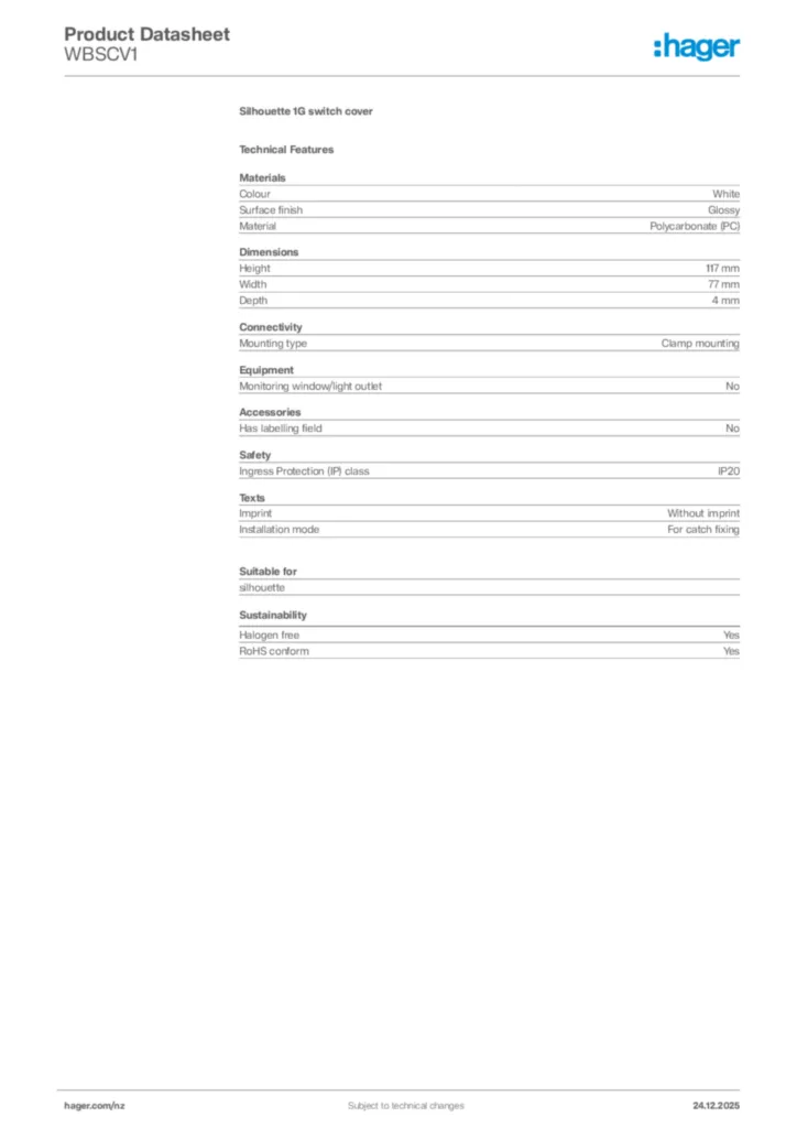 Image Hager Product data sheet WBSCV1  | Hager New Zealand