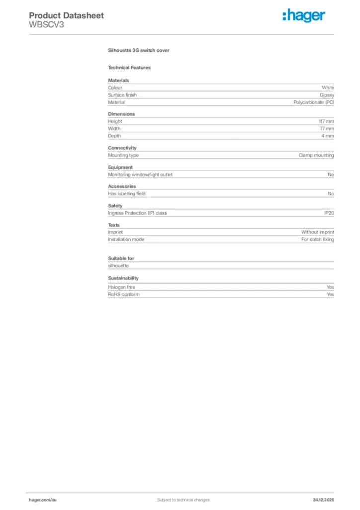 Image Hager Product data sheet WBSCV3  | Hager Australia