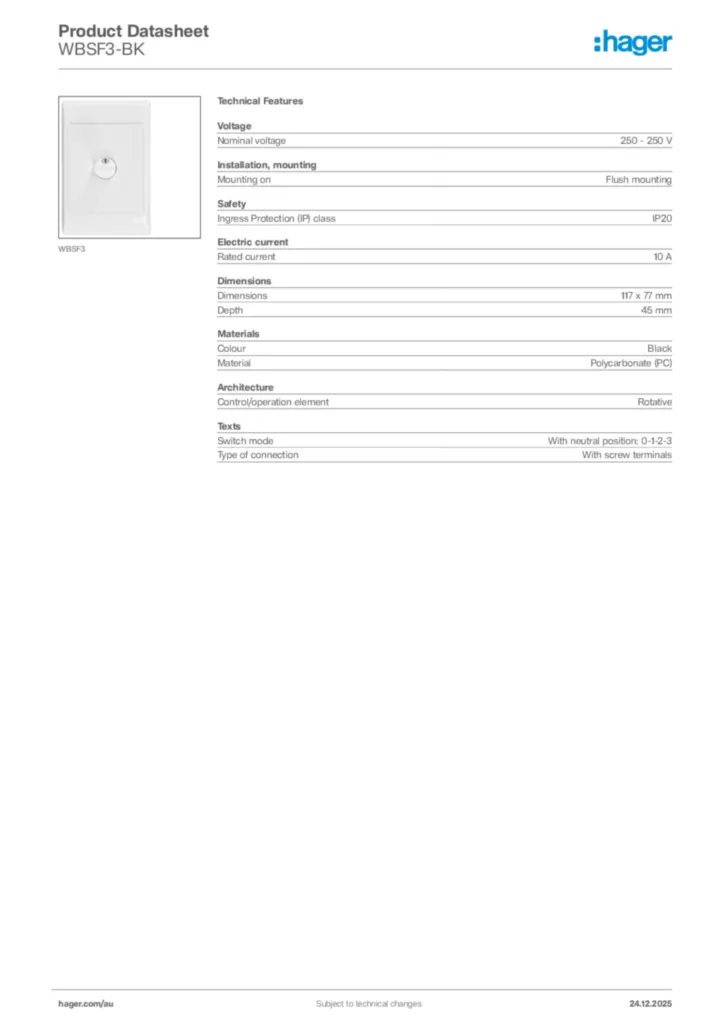 Image Hager Product data sheet WBSF3-BK  | Hager Australia