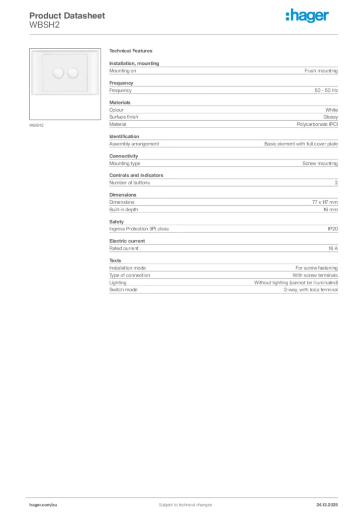 Image Hager Product data sheet WBSH2  | Hager Australia