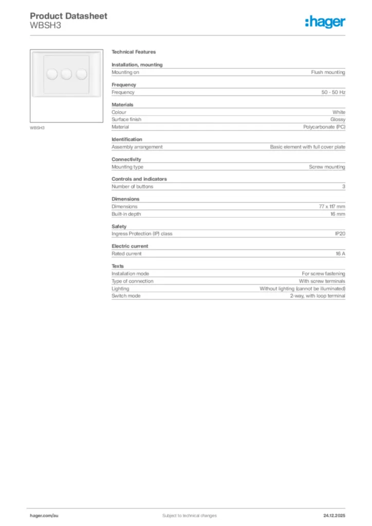 Image Hager Product data sheet WBSH3  | Hager Australia