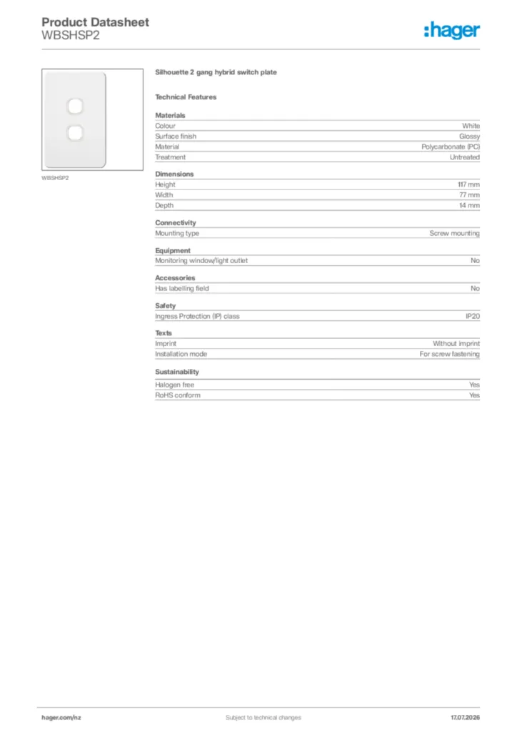 Image Hager Product data sheet WBSHSP2  | Hager New Zealand