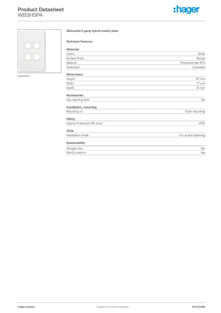 Image Hager Product data sheet WBSHSP4  | Hager Australia